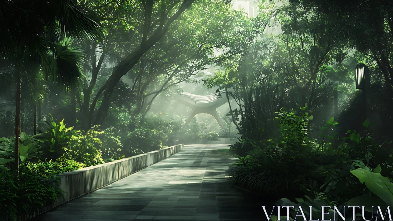 Luminous Forest Pathway with Futuristic Arch.