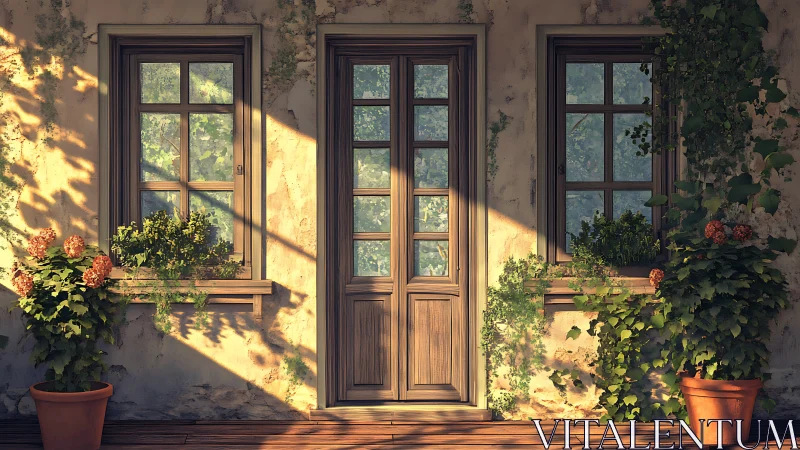 Sunlit rustic doorway framed by ivy and flowering plants.