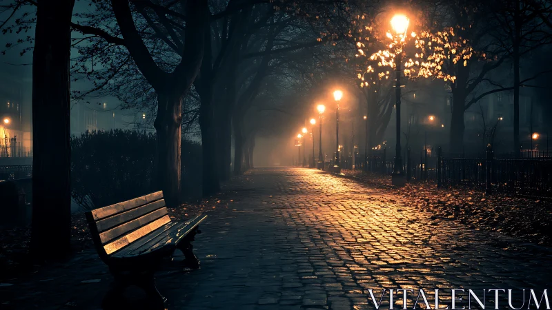 Nocturnal cobblestone promenade under misted sodium lamps.