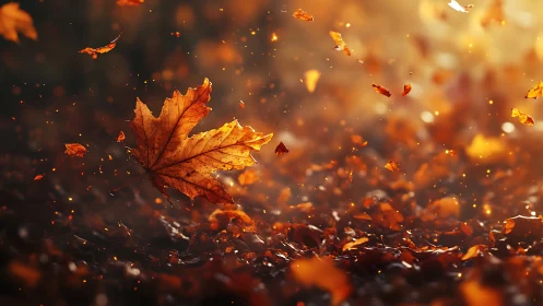 Sunlit maple leaf swirling through glowing autumn air.