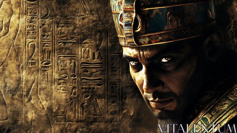 Egyptian ruler portrait stands before carved hieroglyph wall
