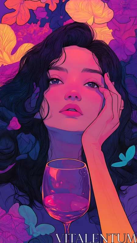 Neon lullaby muse leaning over wine and midnight blossoms.