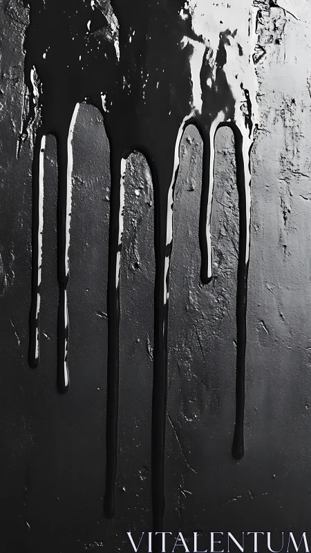 Glistening black paint slowly drips down a textured wall