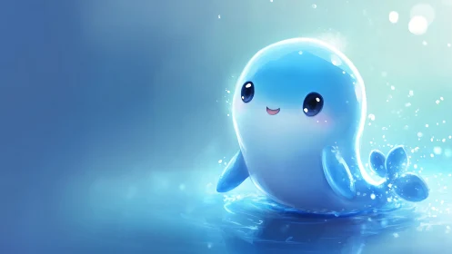 Cute glowing blue whale character splashes in soft water light.