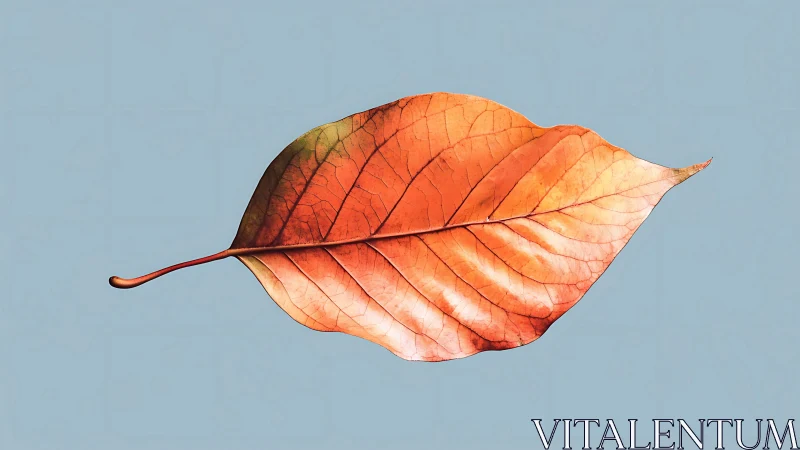 Single orange autumn leaf floats on soft blue backdrop.