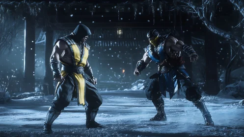 Two masked warriors facing off in a snowy temple courtyard.