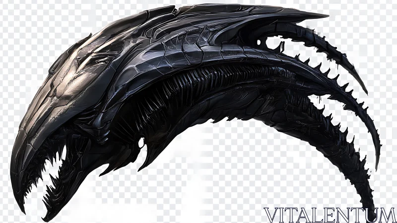Curved biomechanical black creature head with serrated jaws