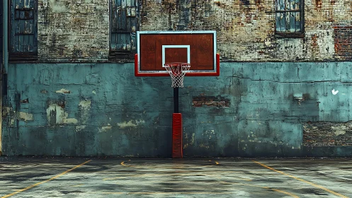 Urban basketball hoop against distressed brick fa&ccedil;ade.