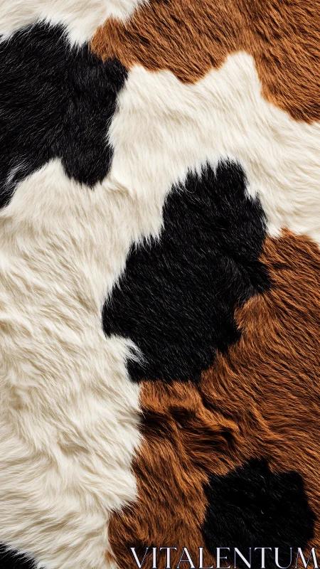 Tricolor cowhide closeup with irregular fur patches.