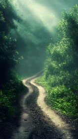 Forest Path Through Verdant Canopy with Luminous Sky Rays.