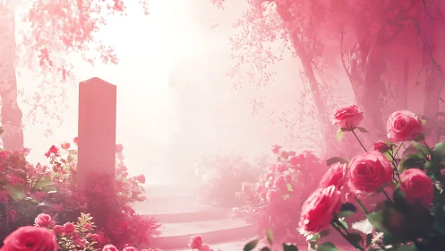 Rose garden path glows through misty ethereal light.
