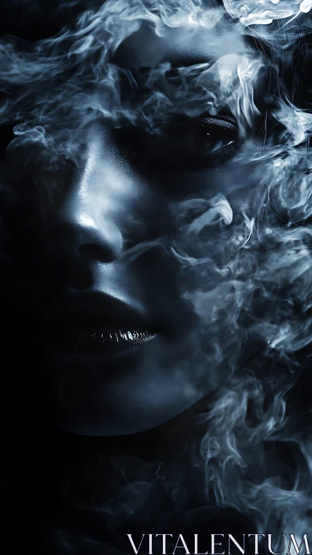 Obscured female portrait dissolves into swirling monochrome smoke