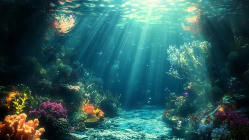 Sunlit coral sanctuary beneath a shimmering blue surface.