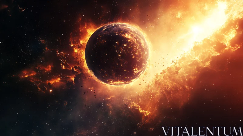 Planet-sized sphere burns amid bright orange cosmic fire