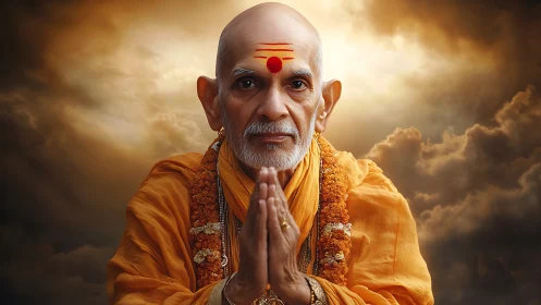 Elderly Hindu guru in orange robes under dramatic backlit clouds