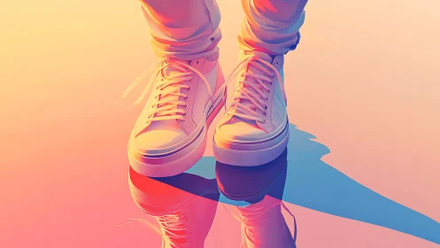 Pastel gradient sneakers casting sharp reflective planar shadows