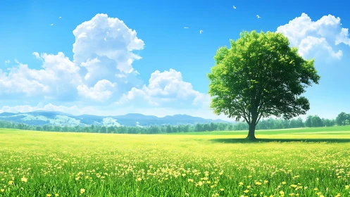 Lone meadow guardian under cotton-cloud kingdoms of blue.