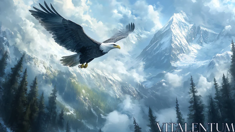 Majestic bald eagle soaring over snowy mountain landscape, digital art.