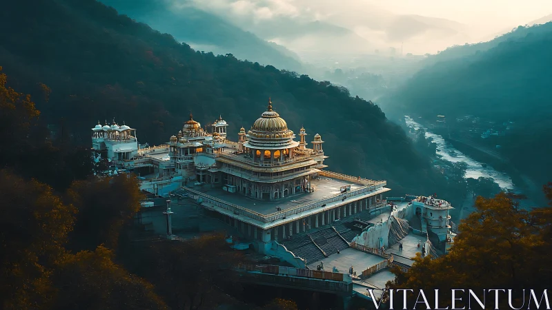 Hilltop temple complex overlooks misty river valley