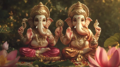 Twin Ganesha idols with ornate gold detail in garden setting.