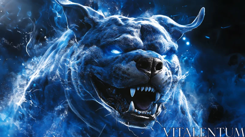 Spectral blue hellhound roars in swirling ethereal flames.