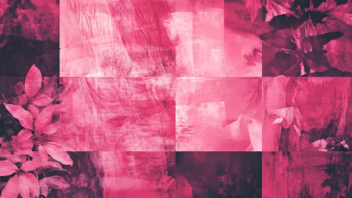 Floral silhouettes drift across textured pink collage canvas.