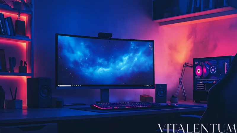 RGB-lit ultrawide gaming PC desk setup in dark room