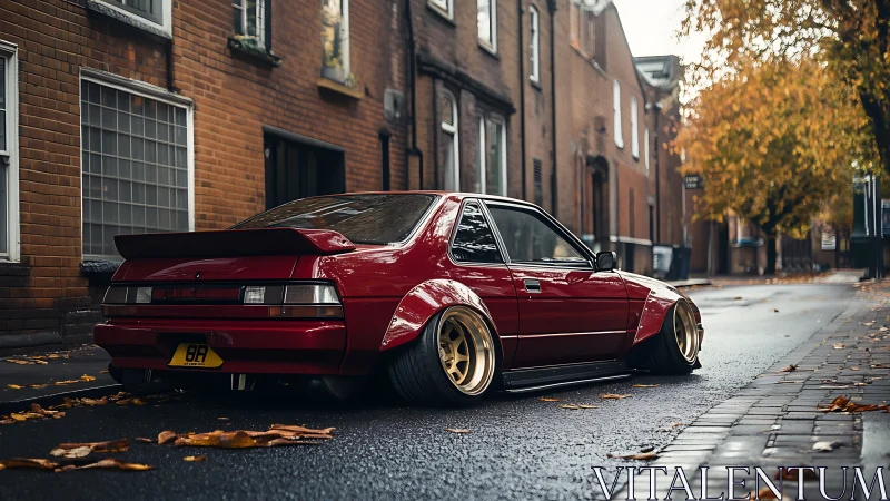 Stanced red coupe parked on wet autumn city street.