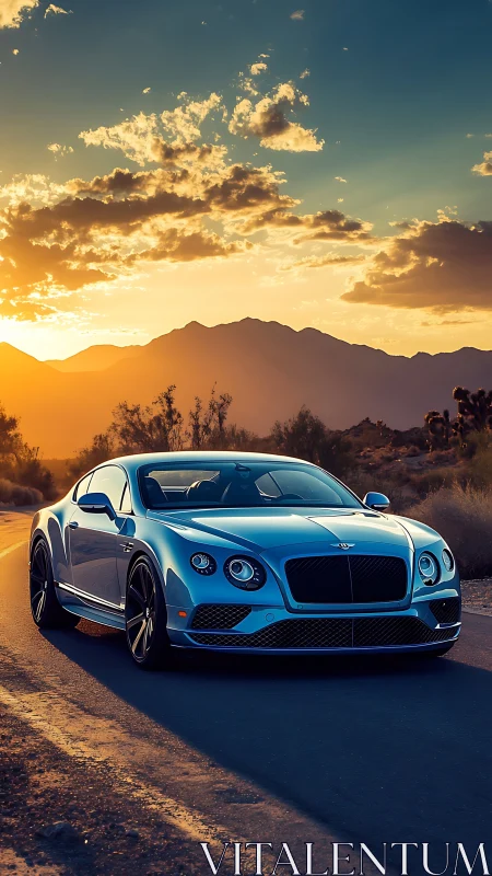 Sunlit grand tourer on desert highway at golden hour.