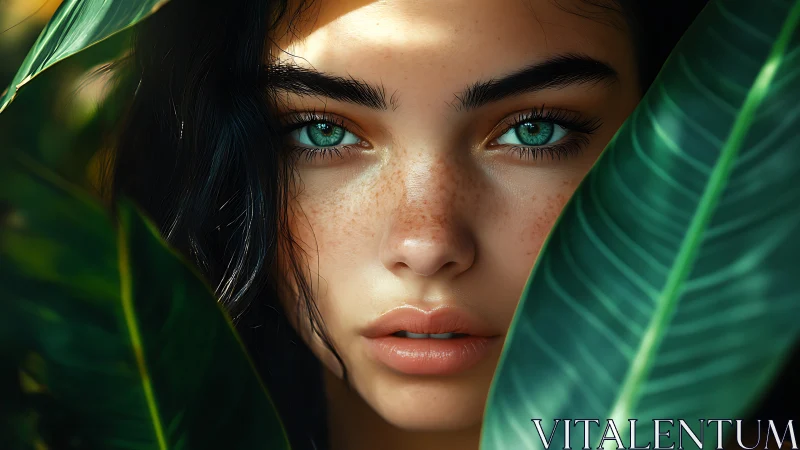 Emerald eyes surface quietly between jungle-bright leaves