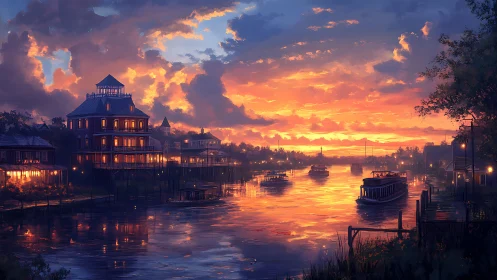 River town waterfront with boats under an orange sunset.