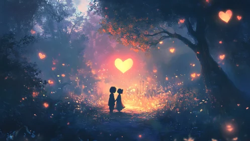 Two figures in glowing heart forest scene.