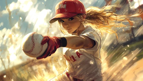 Dynamic softball pitcher winds up in golden afternoon light.