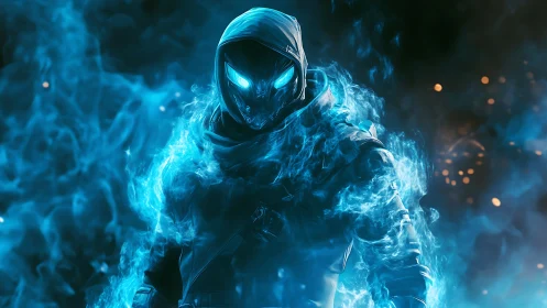 Mystic blue rogue wrapped in swirling elemental flames.