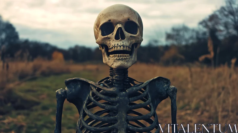 Gentle skeleton guardian smiling over a quiet autumn field.