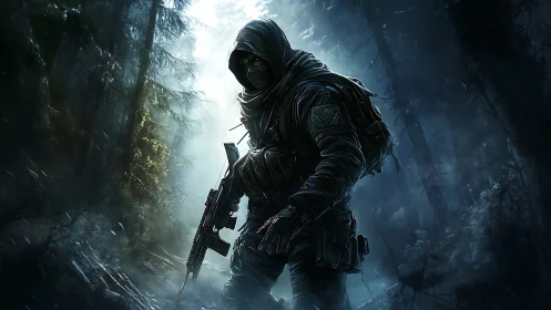 Stealth operative with carbine moving through misty conifer forest