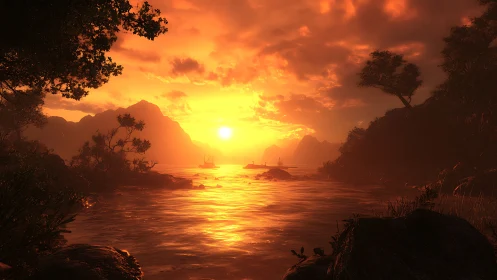 Dramatic orange sunset over calm coastal inlet water.