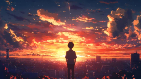 Silhouetted figure observing illuminated city sunset skyline.