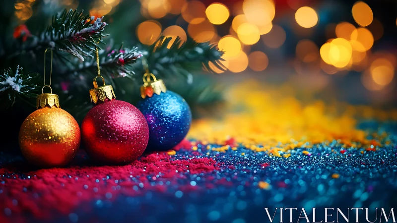 Glittered Christmas baubles with festive bokeh lighting.