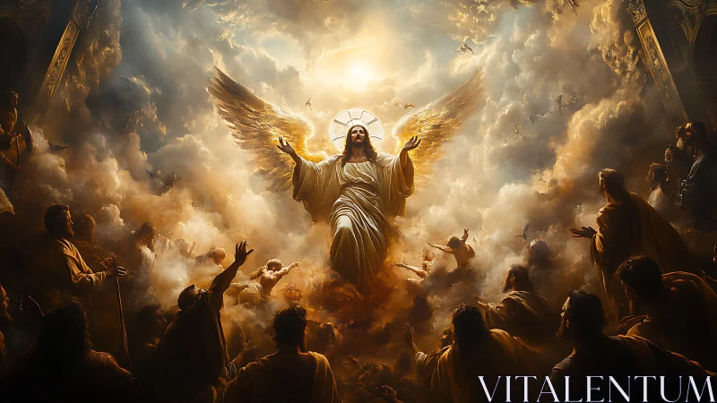 Radiant angelic ascension blazing through stormlit heavens.