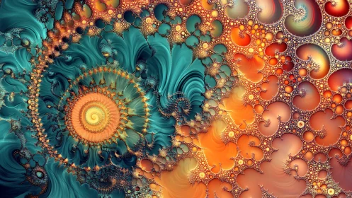 Intricate teal and orange fractal spiral composition.