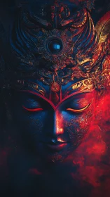 Ornate blue deity mask glows in red mystical smoke