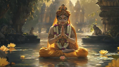 Divine yogic figure in lotus pond under golden temple light.