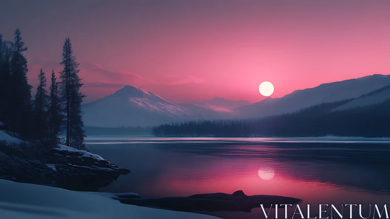 Glacial lake sunset with alpine silhouettes and magenta haze