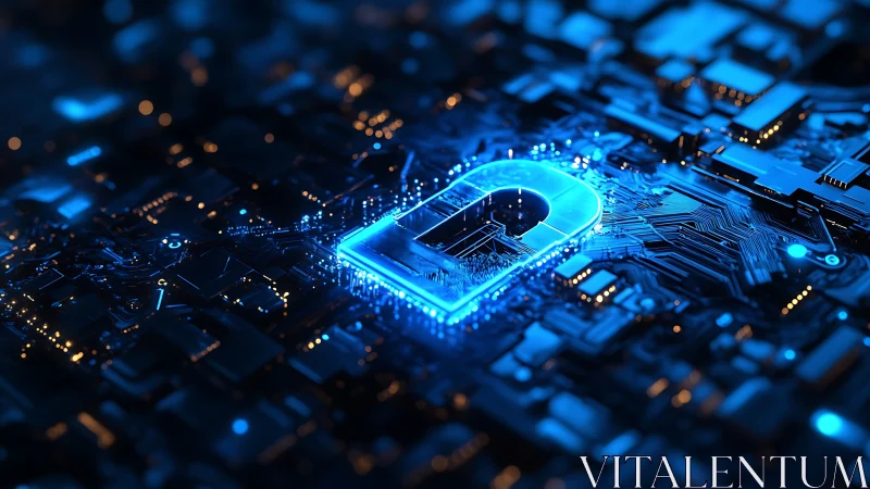 Glowing digital padlock shines warmly across the circuit board