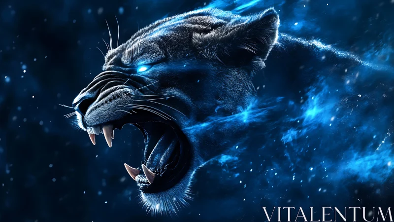 Feline head in luminescent blue environment with energy effects