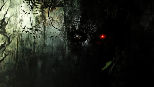 Menacing red-eyed face emerging from dark forest wall.