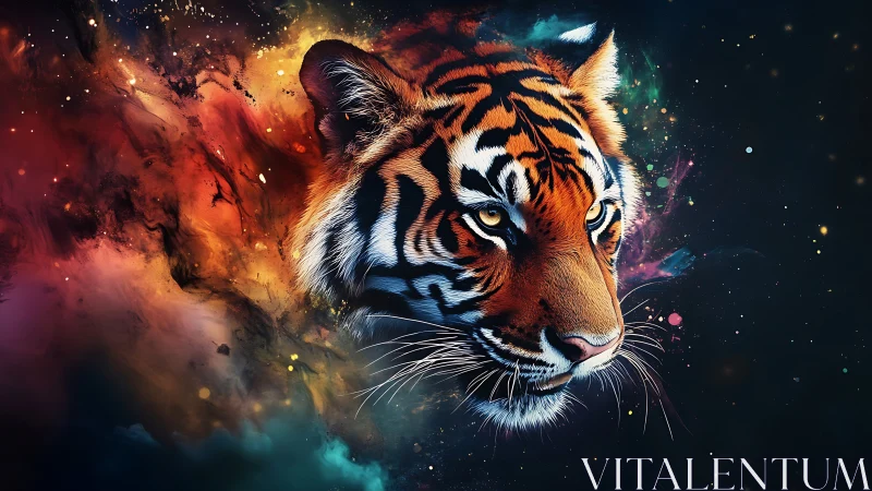 Tiger portrait bursts from cosmic nebula in vivid color.