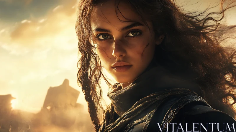 Warrior woman portrait in sunlit desert ruins closeup.