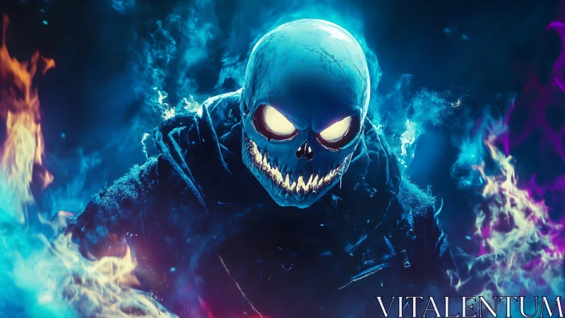 Bioluminescent skull wreathed in cyan and magenta spectral fire